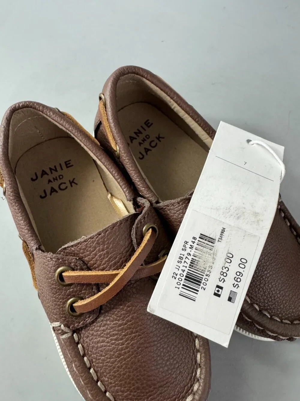 NWT Janie and Jack Brown‎ Boat Kids Shoes, Size 7